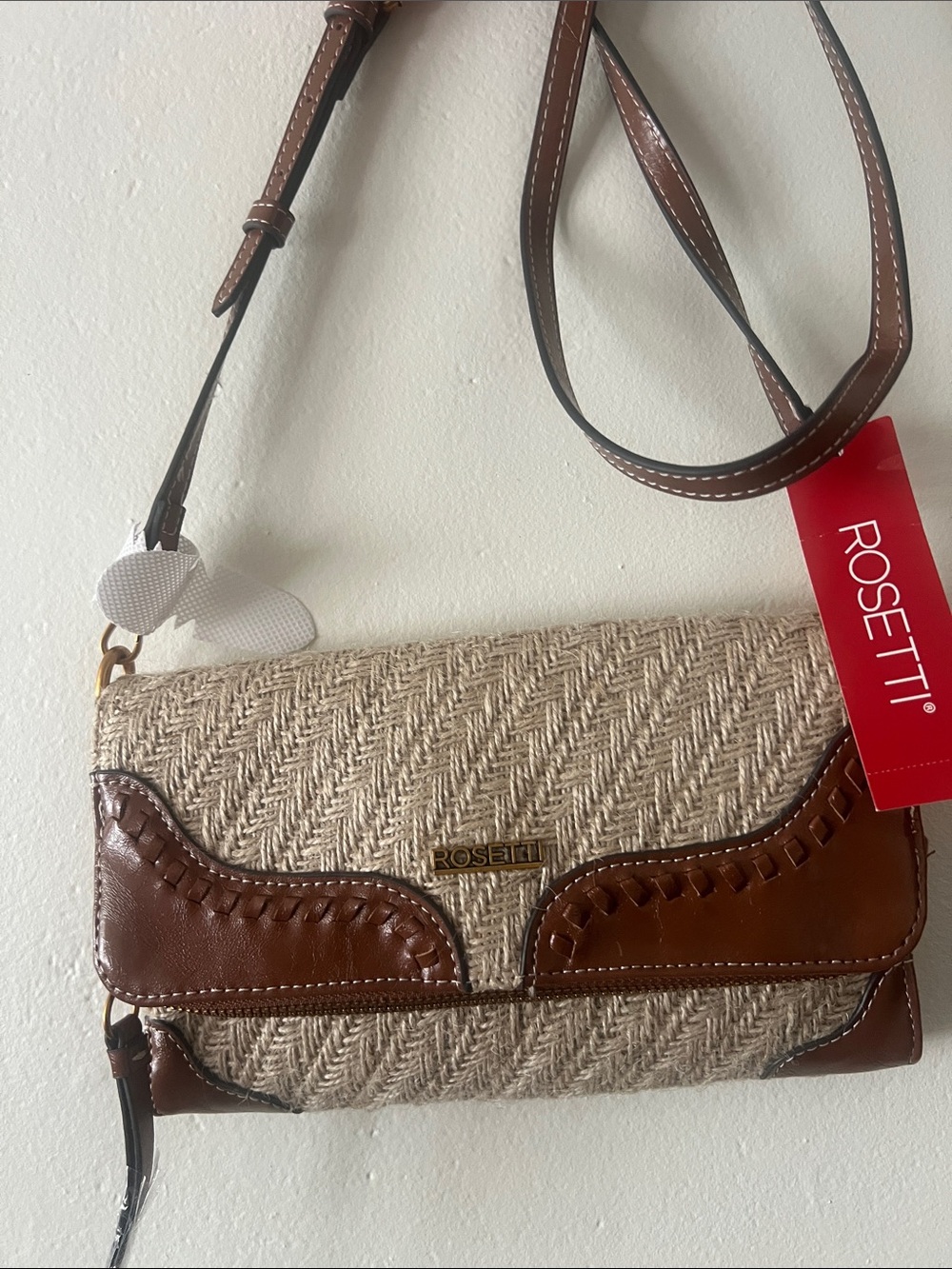 Rosetti Beige Woven Crossbody with Brown Leather Trim